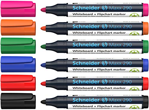 Schneider Maxx 290 Marker (für Whiteboards und Flipcharts, Rundspitze 2-3 mm Strichstärke, rückstandsfrei trocken abwischbar, hohe Qualität, kräftig und farbintensiv) Box mit 6 Farben von Schneider