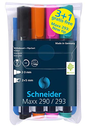 Schneider Maxx 290 Marker (für Whiteboards und Flipcharts, Rundspitze 2-3 mm Strichstärke, rückstandsfrei trocken abwischbar, hohe Qualität, kräftig und farbintensiv) Etui mit 4 |1 Stück von Schneider