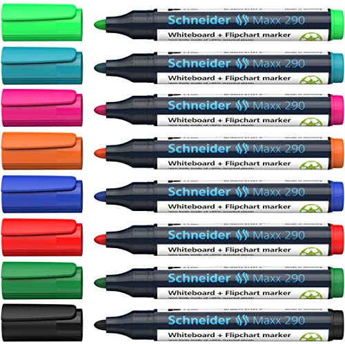 Schneider Maxx 290 Marker (für Whiteboards und Flipcharts, Rundspitze 2-3 mm Strichstärke, rückstandsfrei trocken abwischbar, hohe Qualität, kräftig und farbintensiv) Etui mit 8 Farben von Schneider