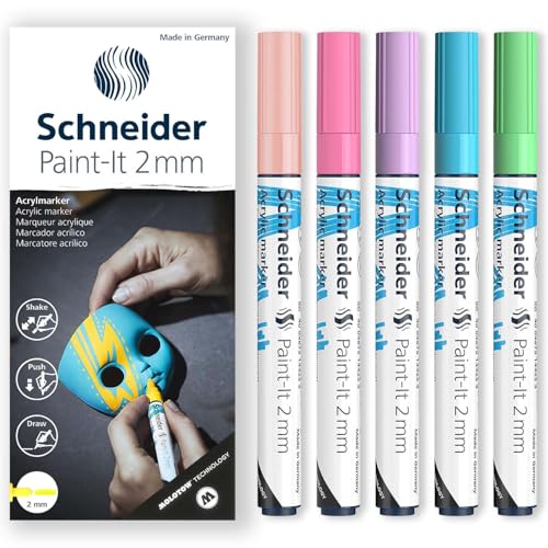 Schneider Paint-It 310 Acryl-Marker-Set, Rundspitze, 2 mm Rundspitze, hohe Deckkraft, Aprikose, Pastellrosa, Pastellviolett, Pastellblau & Pastellgrüne Tinte, Geschenkbox mit 5 Stiften von Schneider