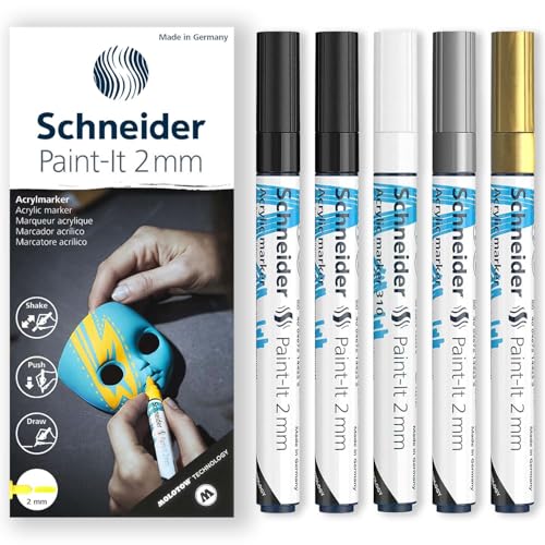 Schneider Paint-It 310 Acryl-Marker-Set, Rundspitze, 2 mm Rundspitze, hohe Deckkraft, Schwarz, Weiß, Silber & Gold Tinte, Geschenkbox mit 5 Stiften von Schneider