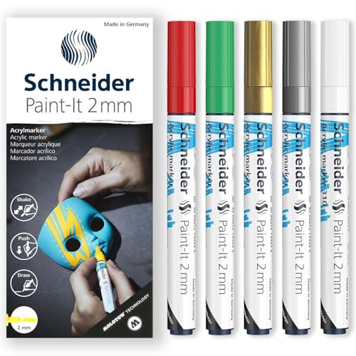 Schneider Paint-It 310 Acryl-Marker-Set, Rundspitze, 2 mm Rundspitze, hohe Deckkraft, rot, grün, gold, silber und weiße Tinte, Geschenkbox mit 5 Stiften von Schneider