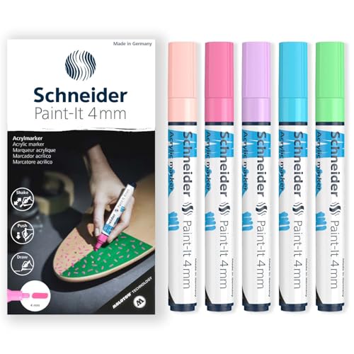 Schneider Paint-It 320 Acryl-Marker-Set, Rundspitze, 4 mm Rundspitze, hohe Deckkraft, Aprikose, Pastellrosa, Pastellviolett, Pastellblau & Pastellgrüne Tinte, Geschenkbox mit 5 Stiften von Schneider