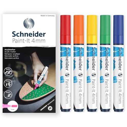 Schneider Paint-It 320 Acryl-Marker-Set, Rundspitze, 4 mm Rundspitze, hohe Deckkraft, Rot, Orange, Gelb, Grün und Blau, Geschenkbox mit 5 Stiften von Schneider