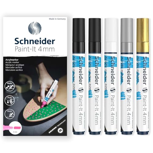 Schneider Paint-It 320 Acryl-Marker-Set, Rundspitze, 4 mm Rundspitze, hohe Deckkraft, Schwarz, Weiß, Silber & Gold Tinte, Geschenkbox mit 5 Stiften von Schneider