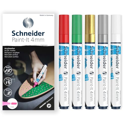 Schneider Paint-It 320 Acryl-Marker-Set, Rundspitze, 4 mm Rundspitze, hohe Deckkraft, rot, grün, gold, silber und weiße Tinte, Geschenkbox mit 5 Stiften von Schneider