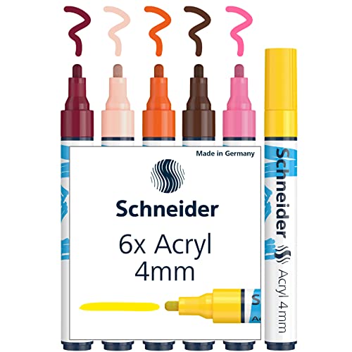 Schneider Paint-It Acrylstifte (Set 3 mit 4 mm Rundspitze, hochdeckende Acrylfarben für Holz, Leinwand, Stein uvm.) 6 Stück, sortiert, 4mm Strichbreite von Schneider