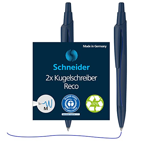Schneider 73183 Reco Kugelschreiber (Aus recyceltem Kunststoff, ausgezeichnet mit Der blaue Engel, Schreibfarbe: Blau) blau, 2 Stück von Schneider