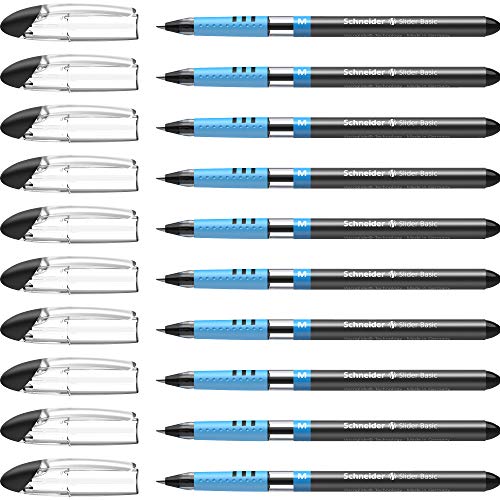 Schneider 151101 Slider Basic Kugelschreiber (Kappenmodell mit Soft-Grip-Zone, Strichstärke M, dokumentenecht) 10er Pack, schwarz von Schneider