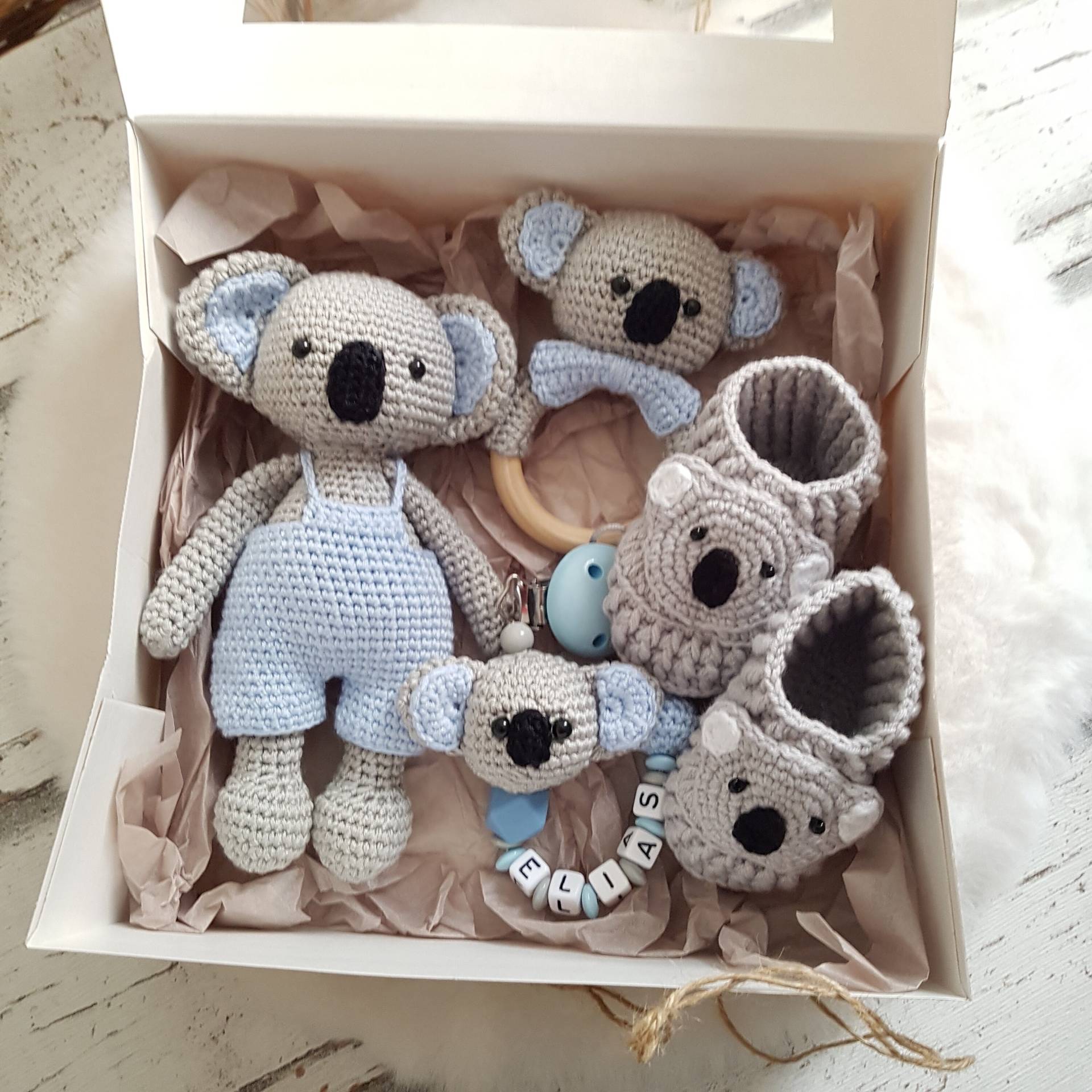 Baby Geschenke Setkoala | Schnullerkette Mit Namen |Greifring|Kuscheltier Babyschuhe von SchnullerkettenHaSi