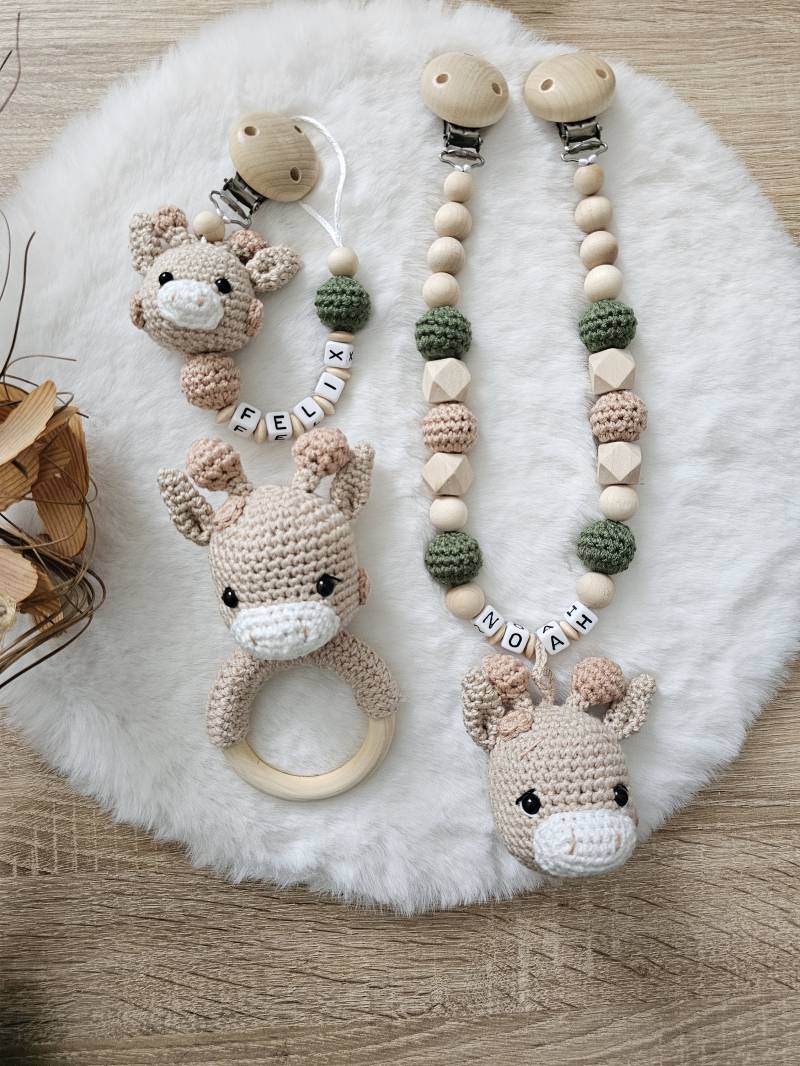 Kinderwagenkette Giraffe Mit Namen| Schnullerkette Personalisiert Giraffe| Greifring | Babygeschenke von SchnullerkettenHaSi