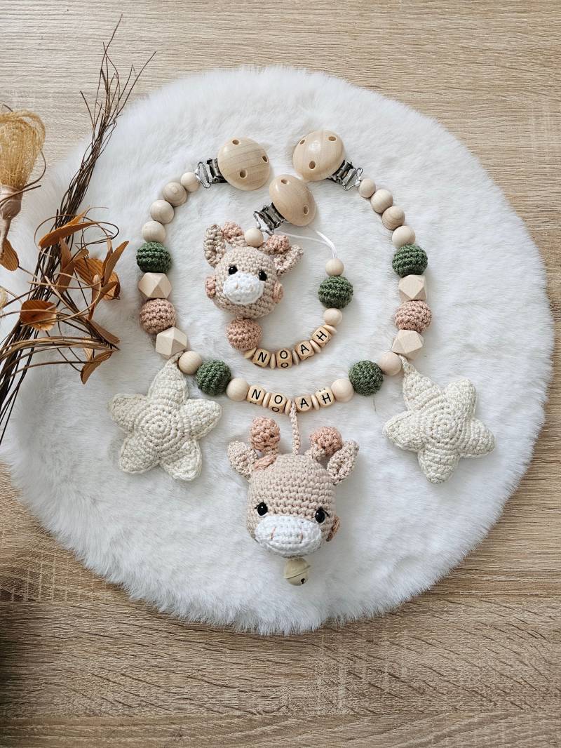 Kinderwagenkette Giraffe Personalisiert| Schnullerkette Mit Namen |Gehâkelte Giraffe|Babygeschenke Set | Babygeschenke Zur Geburt von SchnullerkettenHaSi