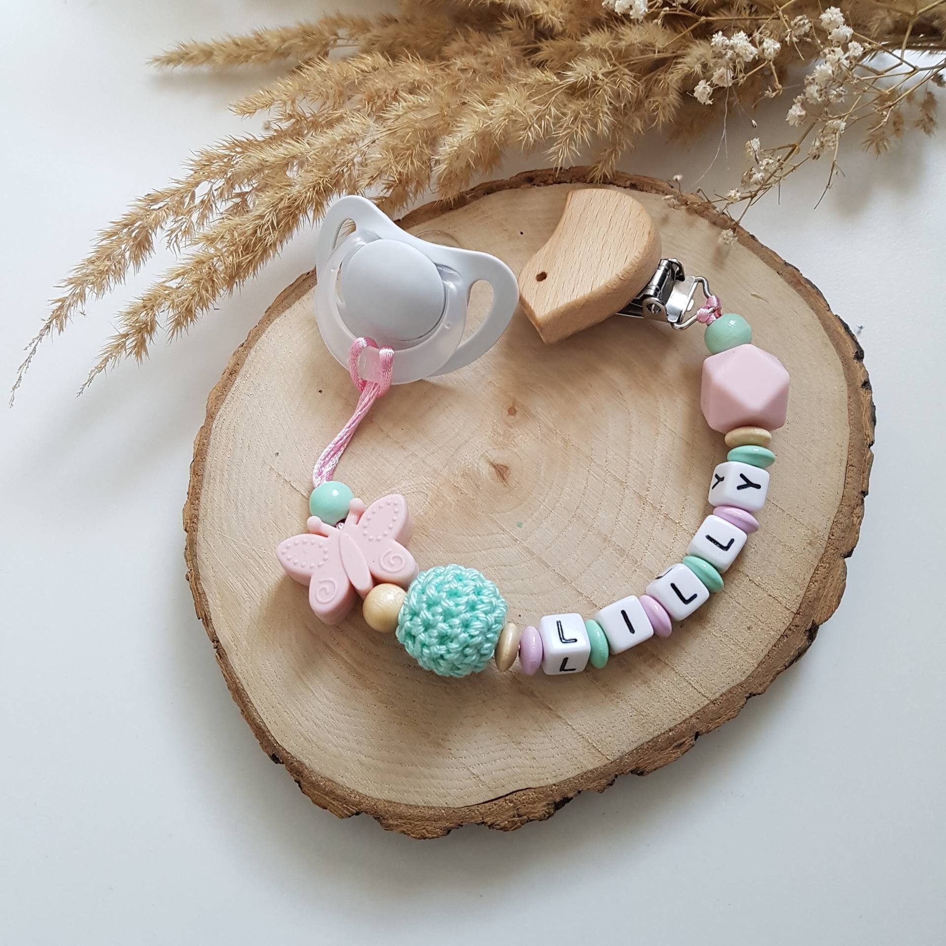 Schnullerkette Mit Namen Mädchen Schmetterling | Rosa/Mint von SchnullerkettenHaSi