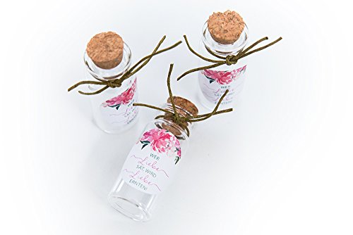 Schokoladenseite 40 Stück Mini Glasflaschen 12 ml, Fläschchen mit Korken, Aufkleber Rosa 175317, Geschenk geeignet für Hochzeit Gastgeschenk Blumensamen Taufe Kommunion Geburtstag Feste Geschenke von Schokoladenseite