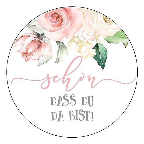 Schokoladenseite 48 x Aufkleber Schön dass du da bist - 40 mm, Design Roses 184401, Sticker geeignet für Hochzeit Gastgeschenk Taufe Kommunion Geburtstag Feste Geschenke von Schokoladenseite