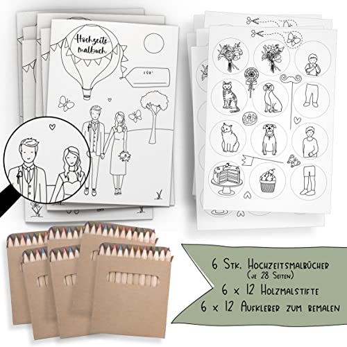 Schokoladenseite 6er Set: Hochzeitsmalbuch mit verschiedenen Brautpaar Designs und bemalbaren Aufklebern! 6 Malbücher für Kinder mit Stiften und je 12 Aufkleber. (K+T, mit Stiften) von Schokoladenseite