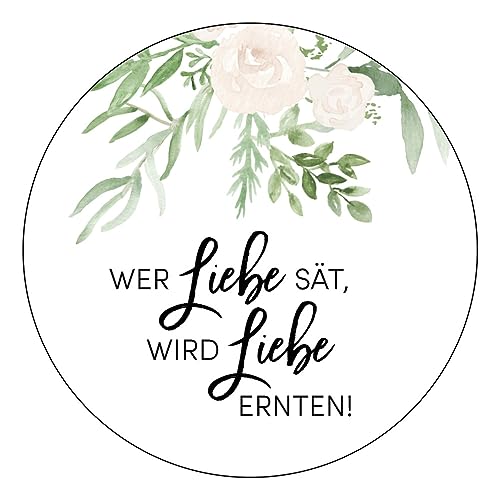 Schokoladenseite 48 x Aufkleber Blumensamen - Wer Liebe sät - 40 mm, Design Greenery 175420, Sticker geeignet für Hochzeit Gastgeschenk Taufe Kommunion Geburtstag Feste Geschenke von Schokoladenseite