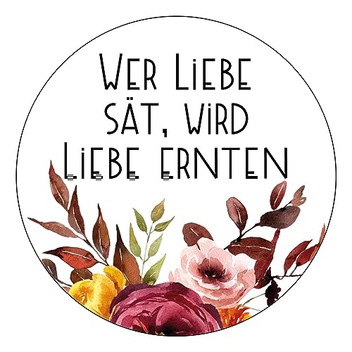 Schokoladenseite 48 x Aufkleber Blumensamen - Wer Liebe sät - 40 mm, Design Herbst Bordeaux 19080540, Sticker geeignet für Hochzeit Gastgeschenk Taufe Kommunion Geburtstag Feste Geschenke von Schokoladenseite