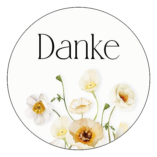 Schokoladenseite 48 x Aufkleber Danke - 40 mm, Design Sunnyflower White Etikett 39030140, Sticker geeignet für Hochzeit Gastgeschenk Taufe Kommunion Geburtstag Feste Geschenke von Schokoladenseite