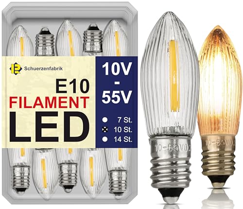 10x E10 LED Spitzkerzen Universal Ersatzbirnen 10 Volt bis 55 Volt 0.2W 2200K Topkerze für Lichterkette und Schwippbogen in stabiler Kunststoffbox von Schuerzenfabrik