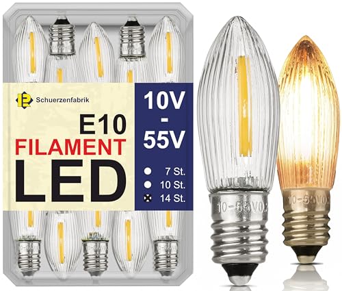 14x Spitzkerze E10 LED Leuchtmittel Filament Universal Ersatzbirnen von 10V bis 55V 0.2W 2200K Topkerze für LED Lichterkette und Schwibbögen von Schuerzenfabrik