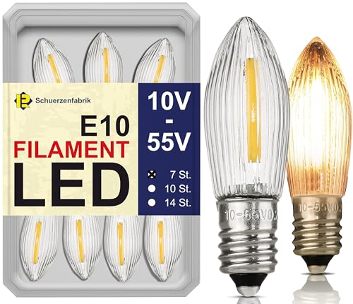 7x Spitzkerze E10 LED Lampen Ersatzbirnen 10V-55V 0.2W 2200K Universal Filament Topkerze für Lichterkette und Schwippbögen von Schuerzenfabrik