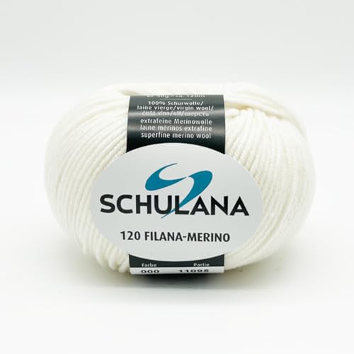 SCHULANA 120 Filana-Merino, 100% Schurwolle (Merino extrafine), zum Stricken und Häkeln, 50g ca 120m, Weiß 000 von SCHULANA