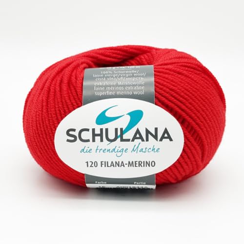 SCHULANA 120 Filana-Merino, 100% Schurwolle (Merino extrafine), zum Stricken und Häkeln, 50g ca 120m, Rot 016 von SCHULANA