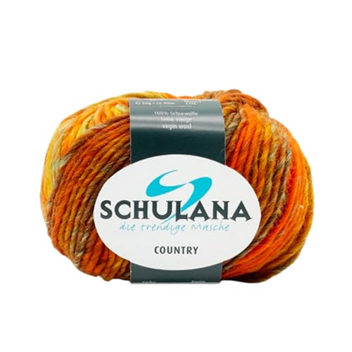 SCHULANA Country, 100% Schurwolle, zum Stricken und Häkeln, 50g ca 90m, Feuerrot-Grün-Gelb meliert 090 von SCHULANA