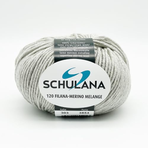 SCHULANA 120 Filana-Merino Mélange, 100% Schurwolle (Merino extrafine), zum Stricken und Häkeln, 50g ca 120m, Hellgrau Mélange 303 von SCHULANA