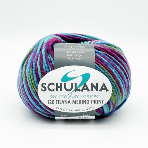 SCHULANA 120 Filana-Merino Print, 100% Schurwolle (Merino extrafine), zum Stricken und Häkeln, 50g ca 120m, Türkis-Lila-Grün 101 von SCHULANA