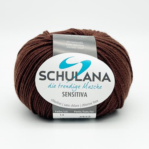 SCHULANA Sensitiva, 100% Schurwolle (Merino superfine, mulesing-free), zum Stricken und Häkeln, 50g ca 185m, Braun 013 von SCHULANA