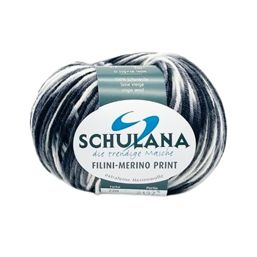 SCHULANA Filini-Merino Print, 100% Schurwolle (Merino extrafine), zum Stricken und Häkeln, 50g ca 160m, Weiss-Grau-Schwarz 220 von SCHULANA