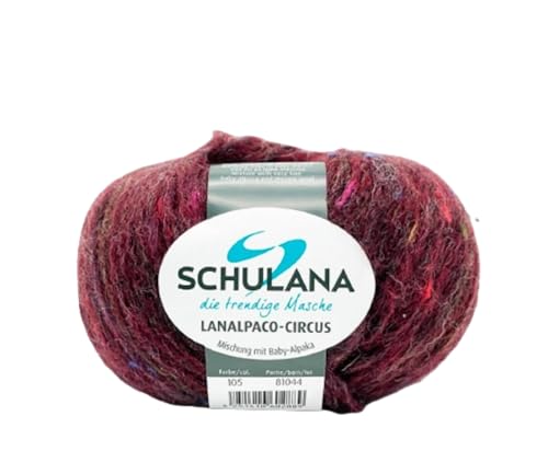 SCHULANA Lanalpaco-Circus, 35% Baumwolle, 34% Schurwolle (Merino), 28% Alpaka (Baby), 3% Viskose, zum Stricken und Häkeln, 50g ca 110m, Weinrot 105 von SCHULANA