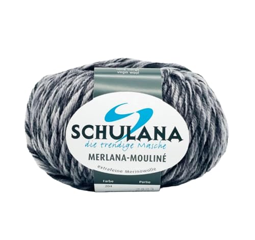 SCHULANA Merlana-Mouliné, 100% Schurwolle (Merino extrafine, mulesing-free), zum Stricken und Häkeln, 50g ca 55m, Schwarz-Anthrazit-Weiß 204 von SCHULANA