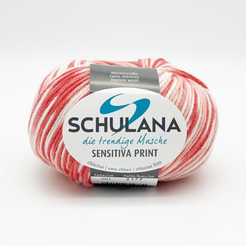 SCHULANA Sensitiva Print, 100% Schurwolle (Merino superfine, mulesing-free), zum Stricken und Häkeln, 50g ca 185m, Lachs-Altrosa-Weiss 201 von SCHULANA