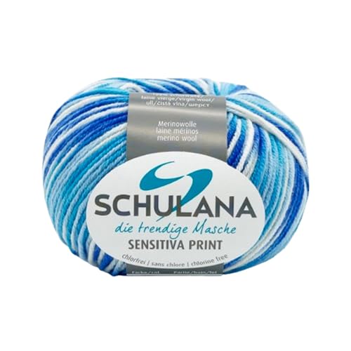 SCHULANA Sensitiva Print, 100% Schurwolle (Merino superfine, mulesing-free), zum Stricken und Häkeln, 50g ca 185m, Blau-Hellblau-Weiss 202 von SCHULANA