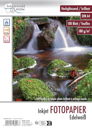 Schwarzwald Mühle Foto Papier DIN A 4: Hochglanz-Fotopapier "Edelweiß", A4, 180 g/m², 100 Blatt (Fotopapier beidseitig bedruckbar, Drucker-Fotopapier, Fotodrucker) von Schwarzwald Mühle