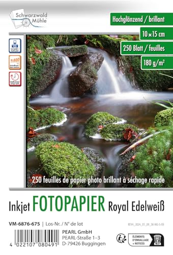 Schwarzwald Mühle Fotopapier 10x15cm: 250 Bl. Hochglanz-Fotopapier "Edelweiß" 180g/m²10x15 (Fotokarton, Fotopapier 15x10, Tintenstrahldrucker) von Schwarzwald Mühle