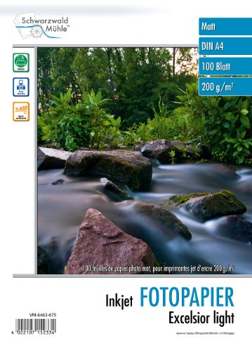 Schwarzwald Mühle Fotodruckpapier: 100 Bl. Fotopapier "Excelsior" matt 200g/m² A4 (Drucker-Fotopapier, Inkjet-Fotopapier A4, Fotodrucker) von Schwarzwald Mühle