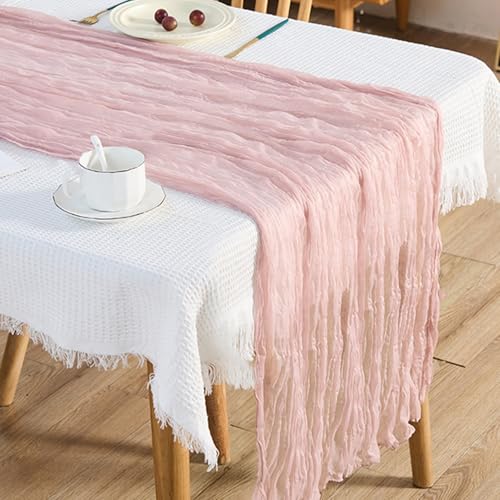 Tischläufer Boho, Tischläufer Leinen Table Runner 90 x 300 cm Gaze Tischläufer Rosa Läufer Tisch Halbdurchsichtiger Stoff Tischläufer Waschbares Tischläufer für Esstisch, Party ,Hochzeit Tischdeko von SciFiVisi