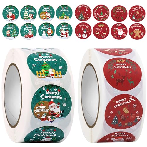 1000 Stück Aufkleber Weihnachten, Weihnachtssticker Geschenketiketten Weihnachten auf Rolle, Selbstklebende Deko Sticker für Weihnachtsgeschenke, Karten, Geschenktüten und Papiertüten von Scinzene