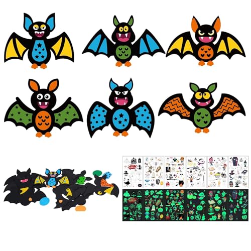 12 Stück Fledermaus Deko Set, 6 Stück Fledermaus Moosgummi Sticker Mit 6 Stück Halloween Leuchtstoffaufkleber, Fledermaus Kuscheltier, Bastelset Kinder Für Jungen Mädchen Halloween von Scinzene