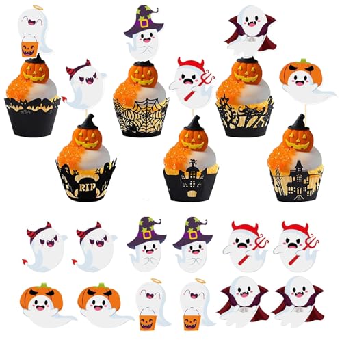 12 Stück Halloween Cupcake Toppers, Halloween Geister Deko, Halloween Muffin Deko, Halloween Kuchen Dekoration, Halloween Dekoration, Monster High Tortendeko, Zucker Augen Deko Essbar von Scinzene