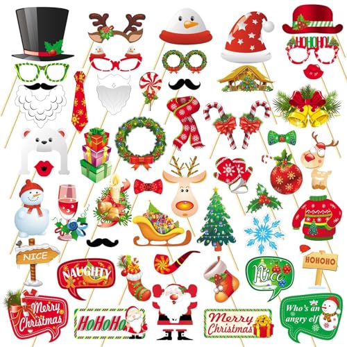 52 Stück Fotobox Accessoires Weihnachten, Foto Requisiten Set - Weihnachtsparty Deko, Tischdeko Geburtstag, Silvester Foto Requisiten, Weihnachts Deko für lustige Partyfotos von Scinzene