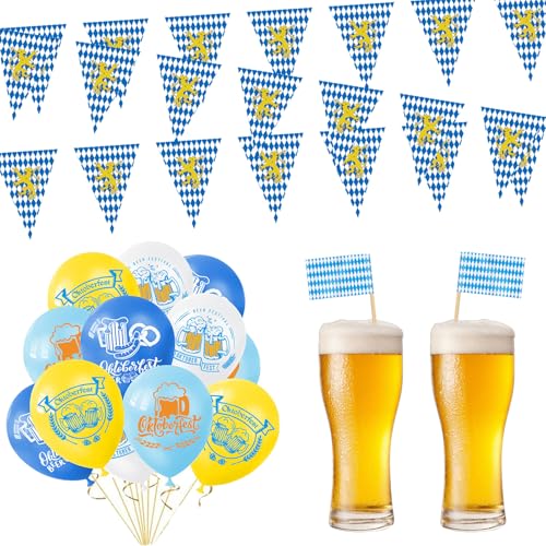 Oktoberfest Deko Set, Bayrische Deko, 24 Stück Bedruckte Latex-Luftballons 12inch + 1 Stück Wimpelkette 10m + Stück 100 Blau Weiße Cupcake Toppers, Oktoberfest Accessoires Für Oktoberfest von Scinzene