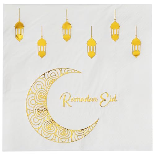 Ramadan Servietten - 40 Stück Eid Mubarak Papierservietten in stilvollem Design, Perfekt für Eid Mubarak Tischdeko, Weiß-Gold Stern-Mond Muster, Umweltfreundliche Ramadan Deko, 33x33 cm von Scinzene