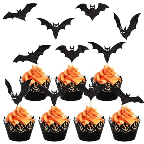 24 Stück Halloween Cupcake Toppers, 4 Designs Fledermaus Deko, Tortendeko Schwarz, Halloween Party Deko, Halloween Deko, Horror Deko, Cupcake Deko, Muffin Topper, Halloween Horror Deko Torten von Scinzene