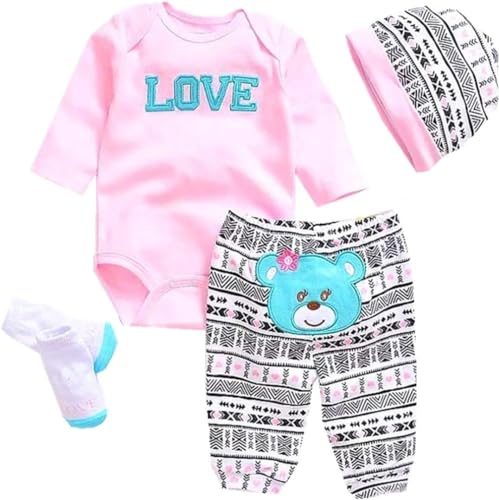 Scnbom Reborn Babys Madchen Kleidung lebensechte babypuppen for 17-24zoll wie echtes Puppen Toddler Outfits Accesories (Graues weißes rosa Bär 4pcs Set) von Scnbom