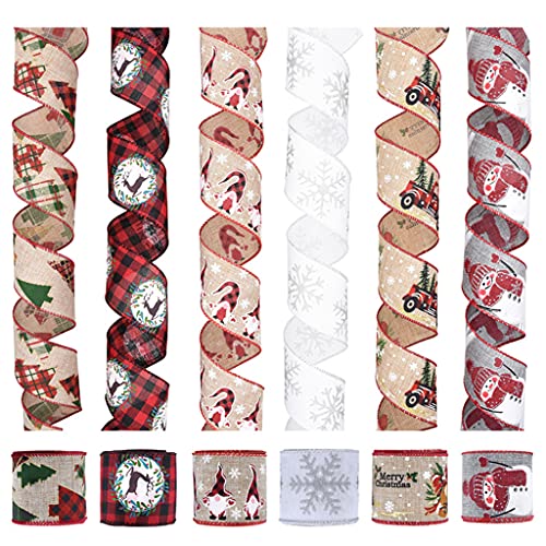 Scnvsi 6 Rollen Weihnachts-Polyesterband mit Cartoon-Herzen, Baum, Zuckerstangen-Strumpfmuster, Schnur zum Basteln von Geschenkpaketen von Scnvsi